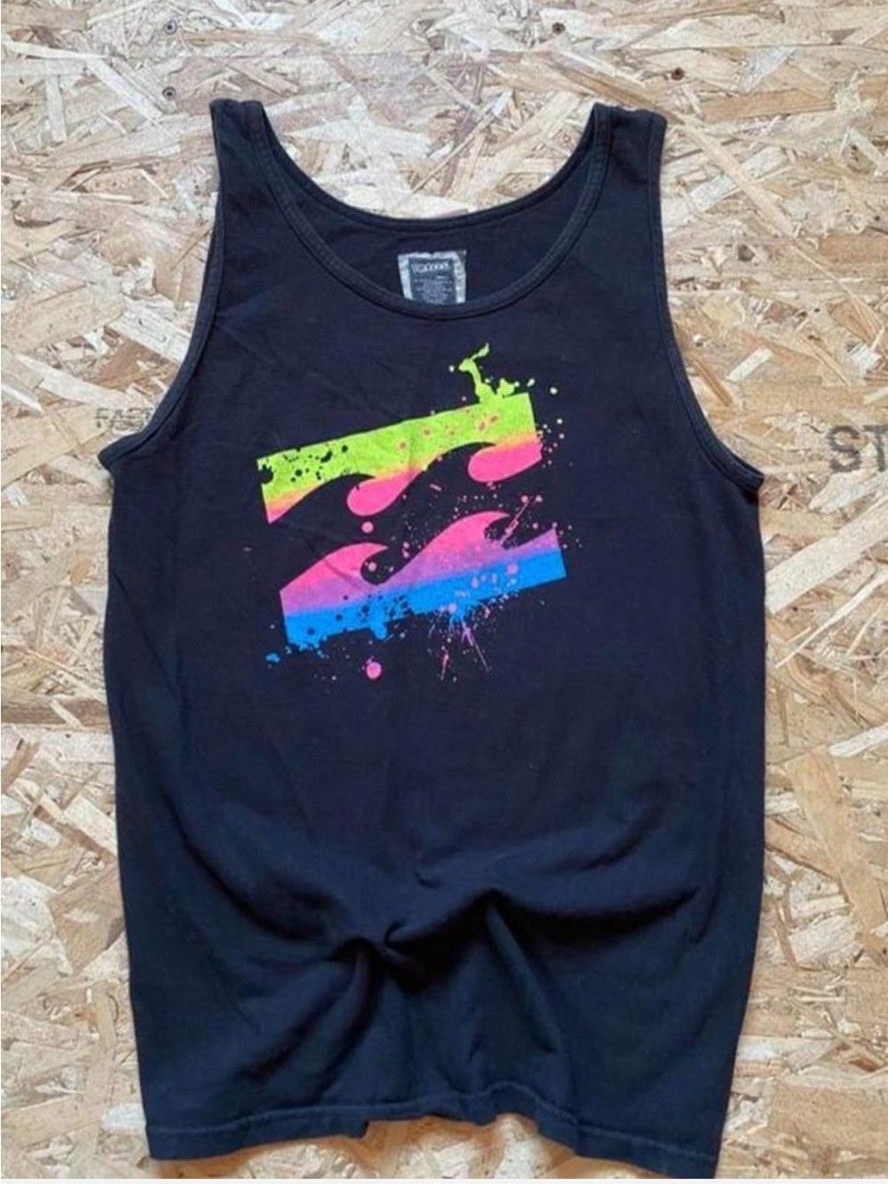 Billabong Y2K Surfwear Black Tank Top with Neon Wave Graphic-Small